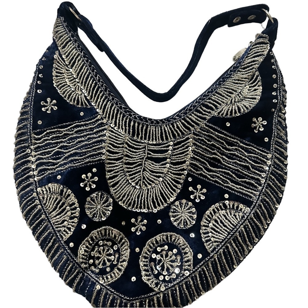 Elegant Navy Blue Velvet & Silver Beaded & Sequins Embellished Women's Hobo Bag